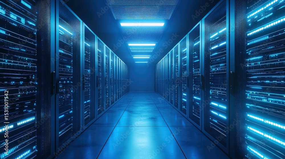 Aufkleber Blue-lit modern server room with glowing hardware racks and reflective flooring showcasing futuristic digital infrastructure and secure data systems for IT environments