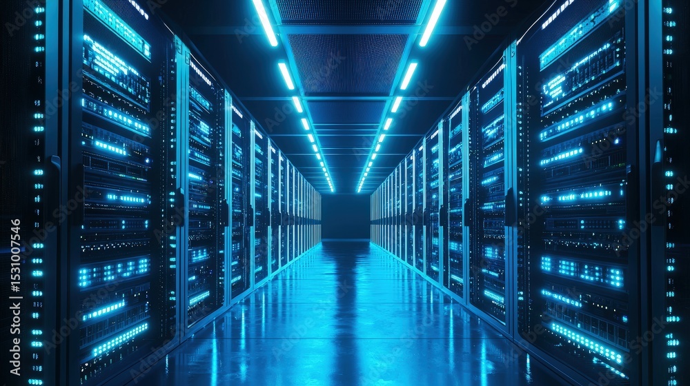 Fototapete Symmetric futuristic server room with glowing blue LED lights and mirrored floor reflections representing advanced data infrastructure, cloud systems, and high-security digital networks