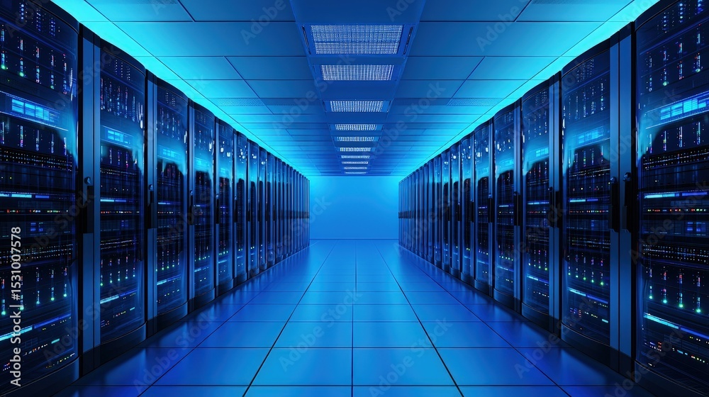 Aufkleber Bright symmetrical server room with blue overhead lights and rows of computer servers showcasing high-tech digital infrastructure and secure data systems for modern IT applications