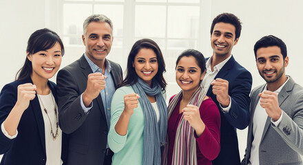 Diverse group of business people celebrates success with raised fists and smiles in a bright, modern office setting.