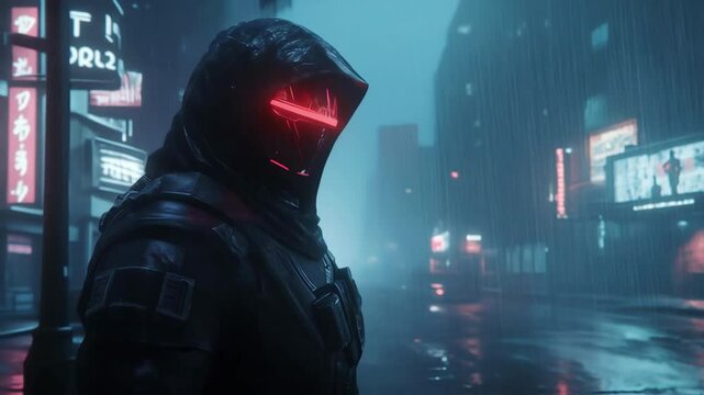 Futuristic soldier wearing a black hooded suit and helmet with glowing red lights stands in a dark, rainy city street with neon signs, creating a cyberpunk atmosphere