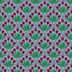 Seamless pattern tulip flower surrounded by scallop pattern chain. Elegant and feminine flower pattern for art decoration, wallpaper, textile, wrapping paper.