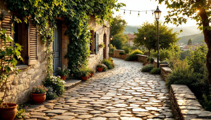Rustic stone village path with ivy-covered houses, warm light, and peaceful rural charm.









