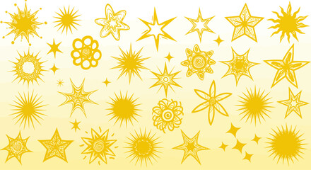 Yellow Starburst Shapes Set – Hand Drawn Sparkle and Star Doodle Collection for Design and Decoration