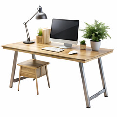 Light Wood Desk Computer Setup Plants Desk Lamp Small Stool