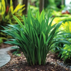 Obraz premium Lush green plant with sword-shaped leaves in a garden setting