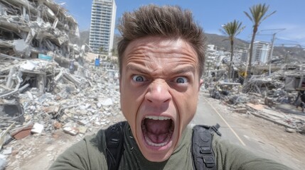 A man consumed by fear stands against the backdrop of an impending tsunami