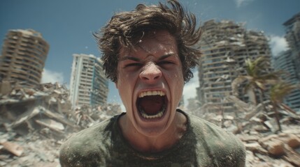 A man is paralyzed with fear as a massive tsunami approaches in the distance