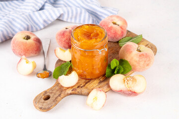 Flat chinese donuts fig peach jam, homemade confiture preserves with fresh fresh fig peaches and mint in white background copy space