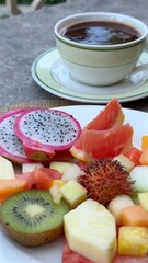 Vibrant tropical fruit salad alongside freshly brewed coffee, resting on wooden surface with natural morning light highlighting colorful ingredients