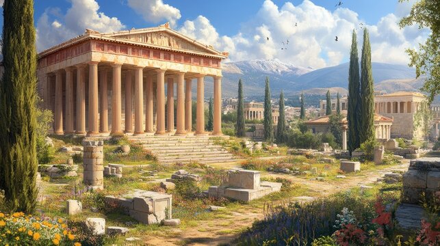 Ancient Greek Temple Amidst Ruins: A Digital Painting of Classical Architecture and Serenity