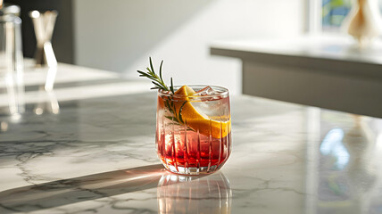 Elegant cocktail in crystal glass on marble, with vibrant colors and soft natural light.









