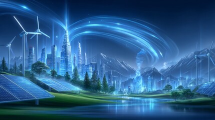 A clean energy future relies on sustainable eco-friendly power, utilizing wind turbines and solar panels to generate renewable resources that preserve the environment, alongside sustainable