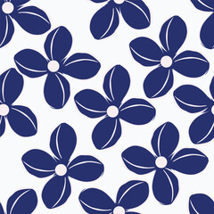 Blue and white floral seamless pattern flowers, twigs, leaves, buds. Hand painted vintage floral illustration isolated on navy background