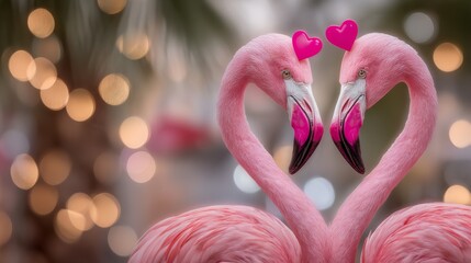 Naklejka premium Pink flamingos are wading in the water beneath the warm sunlight of a tropical paradise, evoking themes of nature and tourism