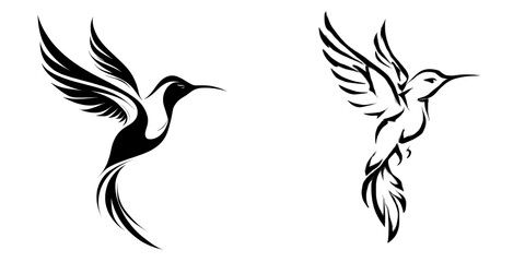 Obraz premium Black and white silhouette illustration of a hummingbird, characterized as a modern depiction of a small bird
