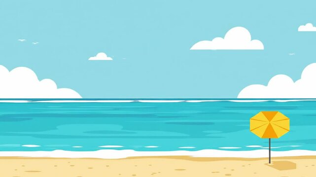 Beautiful summer beach scene illustration featuring a yellow umbrella perfect for holiday or vacation background