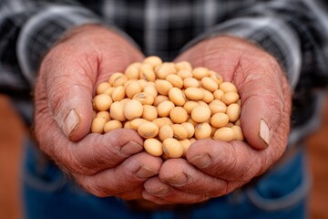 A diligent farmer is positioned in a soybean field at sunset, grasping a handful of grains, embodying sustainable agriculture and achievement