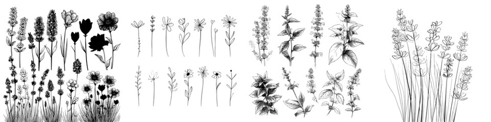 A set of 20 isolated lavender silhouettes in various styles, featuring cute hand-drawn flowers with modern illustrations in white outline and black background
