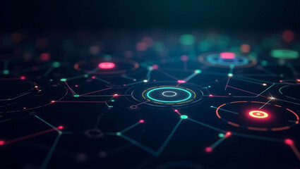 Obraz premium Abstract network of interconnected nodes and glowing lines on dark surface