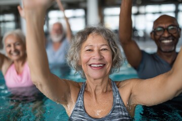 Group of seniors smiling and enjoying aqua aerobics class in swimming pool