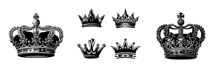 A vintage crown in monochrome is depicted in a silhouette style, accompanied by old heraldic icons in simple shapes, suitable for graphic design elements such as logos, emblems, symbols, signs,