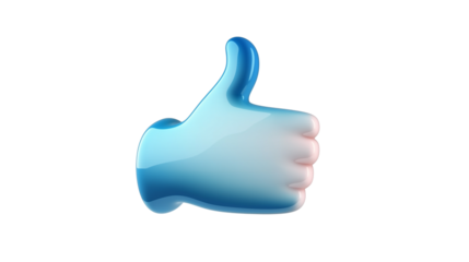 3D thumbs up icon in modern blue gradient, floating above white background, social approval symbol, PNG