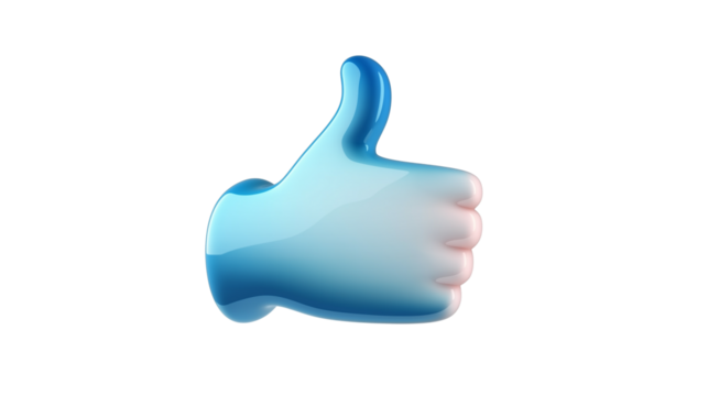 3D thumbs up icon in modern blue gradient, floating above white background, social approval symbol, PNG