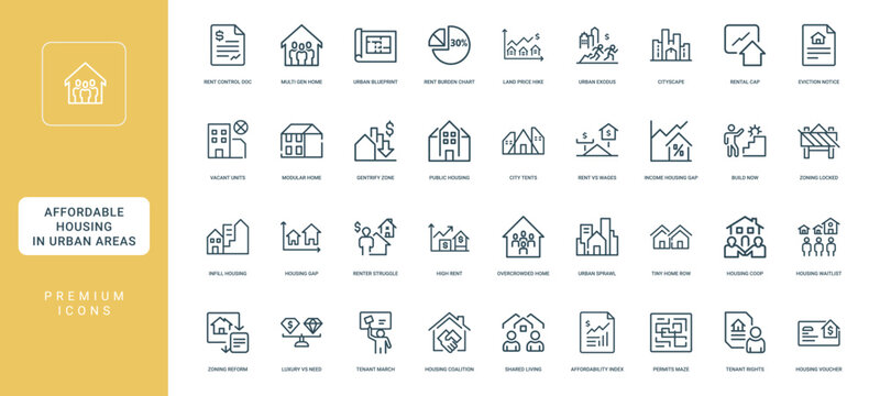 affordable housing urban areas collection line icons