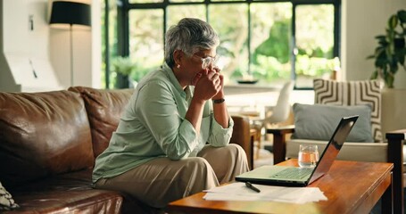 Phone call, laugh and laptop with old woman on sofa for retirement savings, virtual consultant and audit. Insurance report, contact and annuity fund with person talking in living room of home