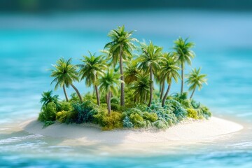Tiny tropical island with palm trees and turquoise water.