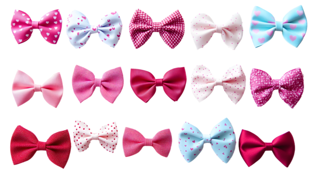 Collection of romantic bows with heart patterns, polka dots, and lace trims in vibrant Valentine colors, neatly arranged on a plain white background