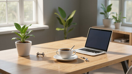 Fototapeta premium A laptop coffee cup and other objects are on top of a wooden table