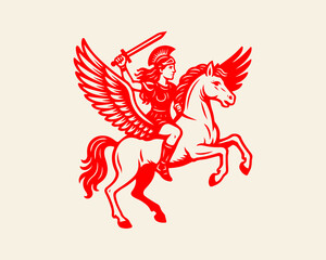 Bold warrior woman riding winged horse in striking red design, perfect for mythology, fantasy, or gaming brands seeking a strong, iconic symbol