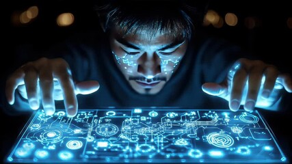 Person interacting with glowing digital interface, futuristic design, global visualization - Powered by Adobe