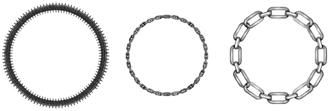 The texture chain is encircled by a round frame, with a circle border and chains forming a silhouette in black and white, isolated on the background, as a chainlet design element