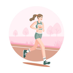 Young female runner jogging on track in flat style. Running outdoors for health, fitness, and active lifestyle.