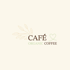 Minimalist cafe organic coffee logo with delicate line-art leaves and a small heart, ideal for branding and healthy concepts.
