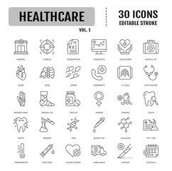 Healthcare line icon set. Editable stroke. Vector illustration