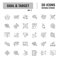 Goal and target line icon. Editable stroke. Containing Leadership, Motivation, Goal, Career, Mountain Peak, Award, Winning and more. Vector illustration