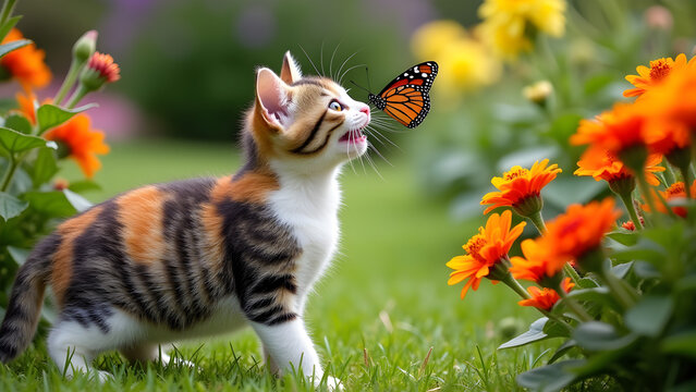 Garden Setting In a vibrant garden filled with colorful flowers and lush grass a small calico cat is playfully batting at a butterfly. The vibrant colors of the flowers contrast.