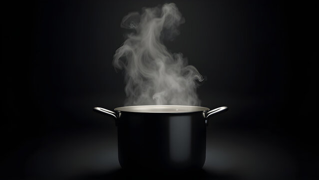 steaming pot in dark logo, steam over saucepan
