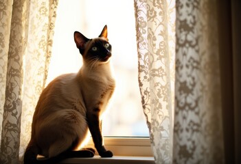 Siamese cat sitting on a windowsill with lace curtains and warm sunlight