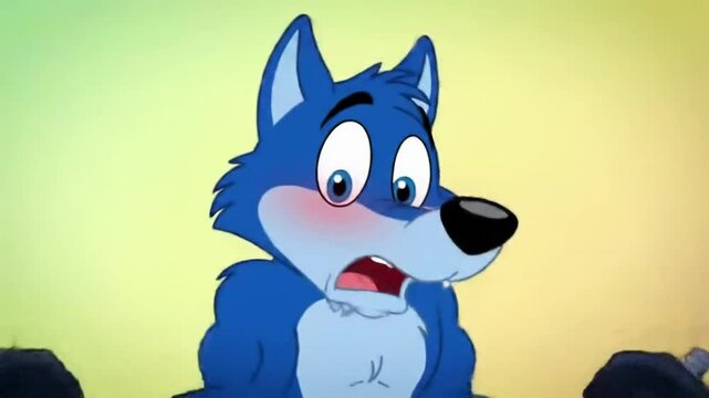 Cartoon blue wolf character lifting weights gym exercise muscular illustration animated children recreation