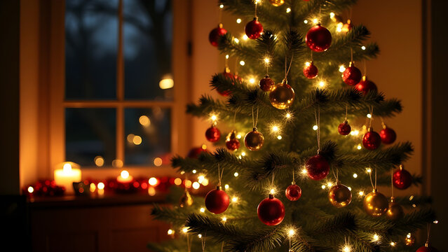 Beautifully decorated Christmas tree with sparkling lights and ornaments in a cozy indoor setting