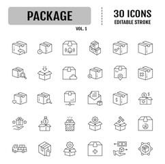 Package line editable icon set. Containing parcel, box, delivery, distribution, import, export, return and more. Vector illustration