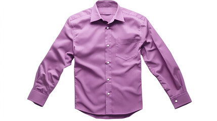 A crisp, long-sleeved purple dress shirt with white buttons is displayed flat against a clean white background. The shirt is neatly buttoned, showcasing its tailored fit and vibrant color