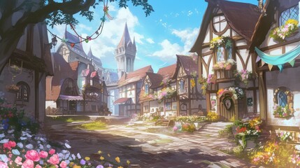 Obraz premium Charming animated medieval village with cobblestone streets, flower-filled balconies, and timber-framed houses under a blue sky, ideal for fantasy, storytelling, or game background use