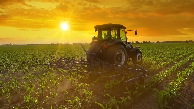 Tractor cultivating in a corn field at sunset, slow motion. Interrow cultivator in corn field for mechanical weed control between the plant rows. Spring day landscape, rural scene