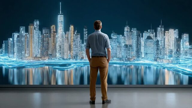 Urban Vision: A man stands, gazing upon a futuristic cityscape and envisioning the future of urban development, capturing the essence of ambition and innovation.